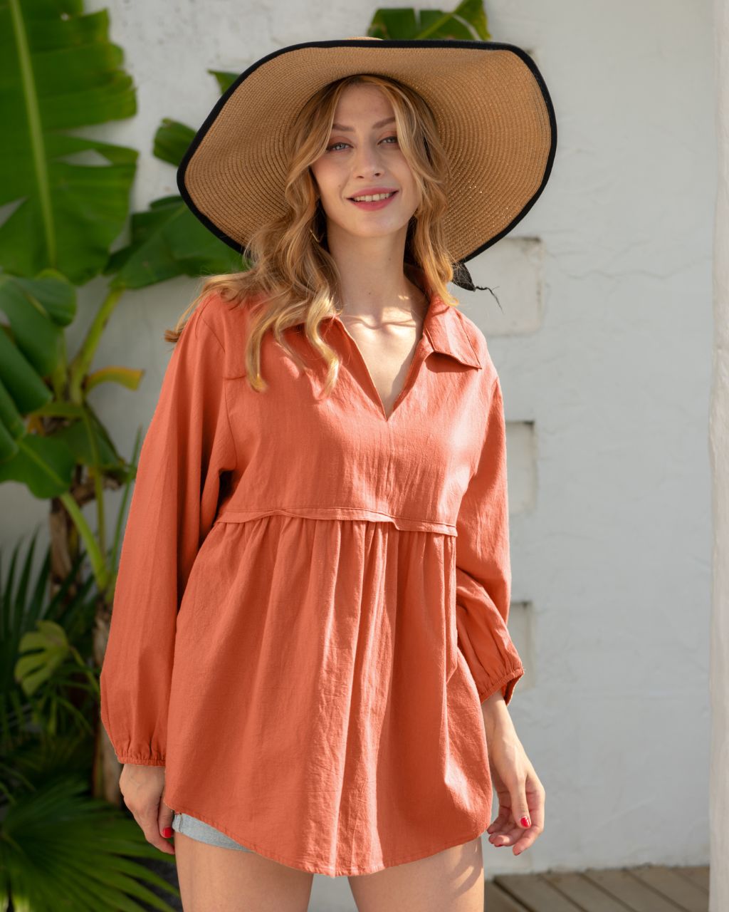 Cotton Collared V-neck Long Sleeve Top