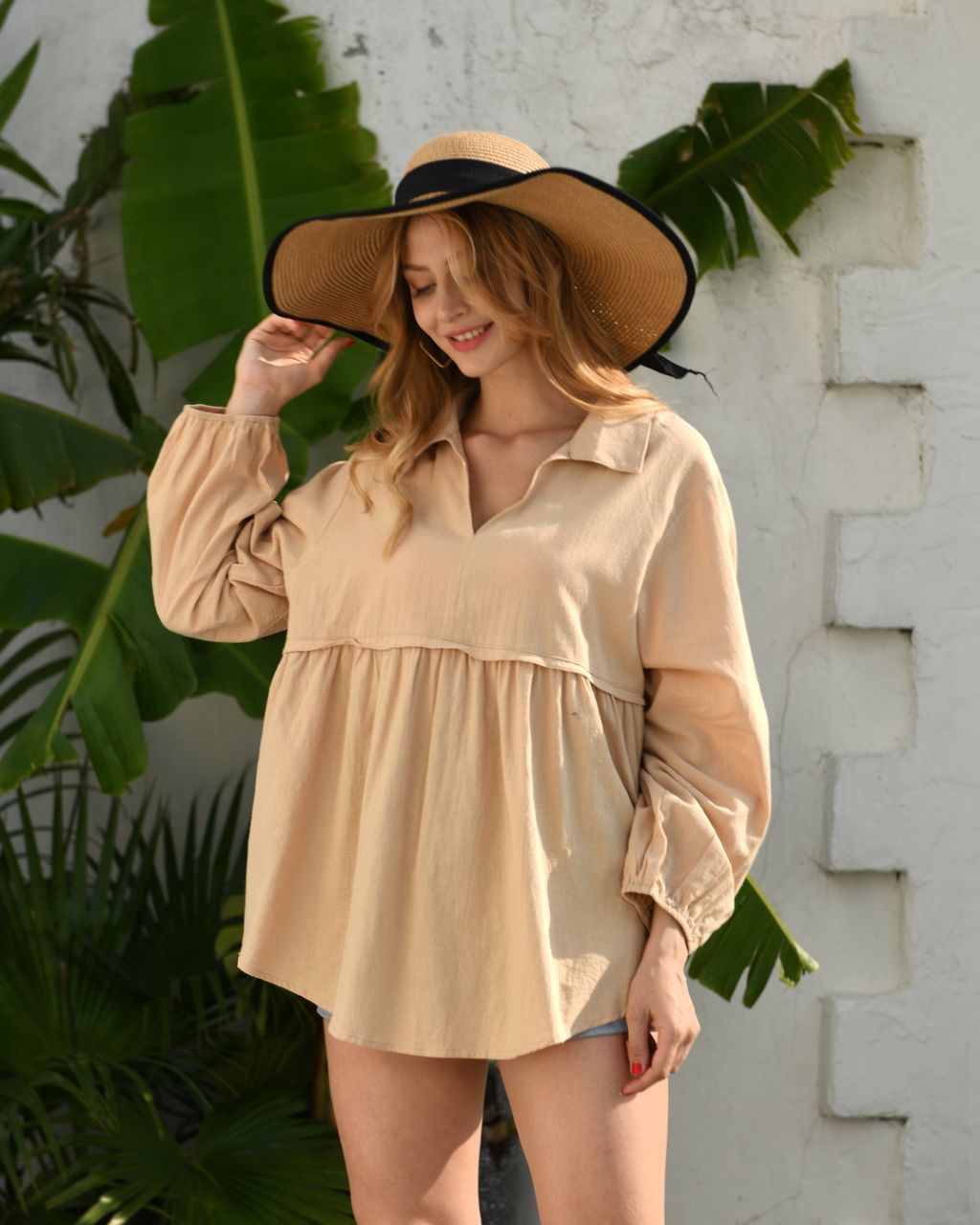 Cotton Collared V-neck Long Sleeve Top