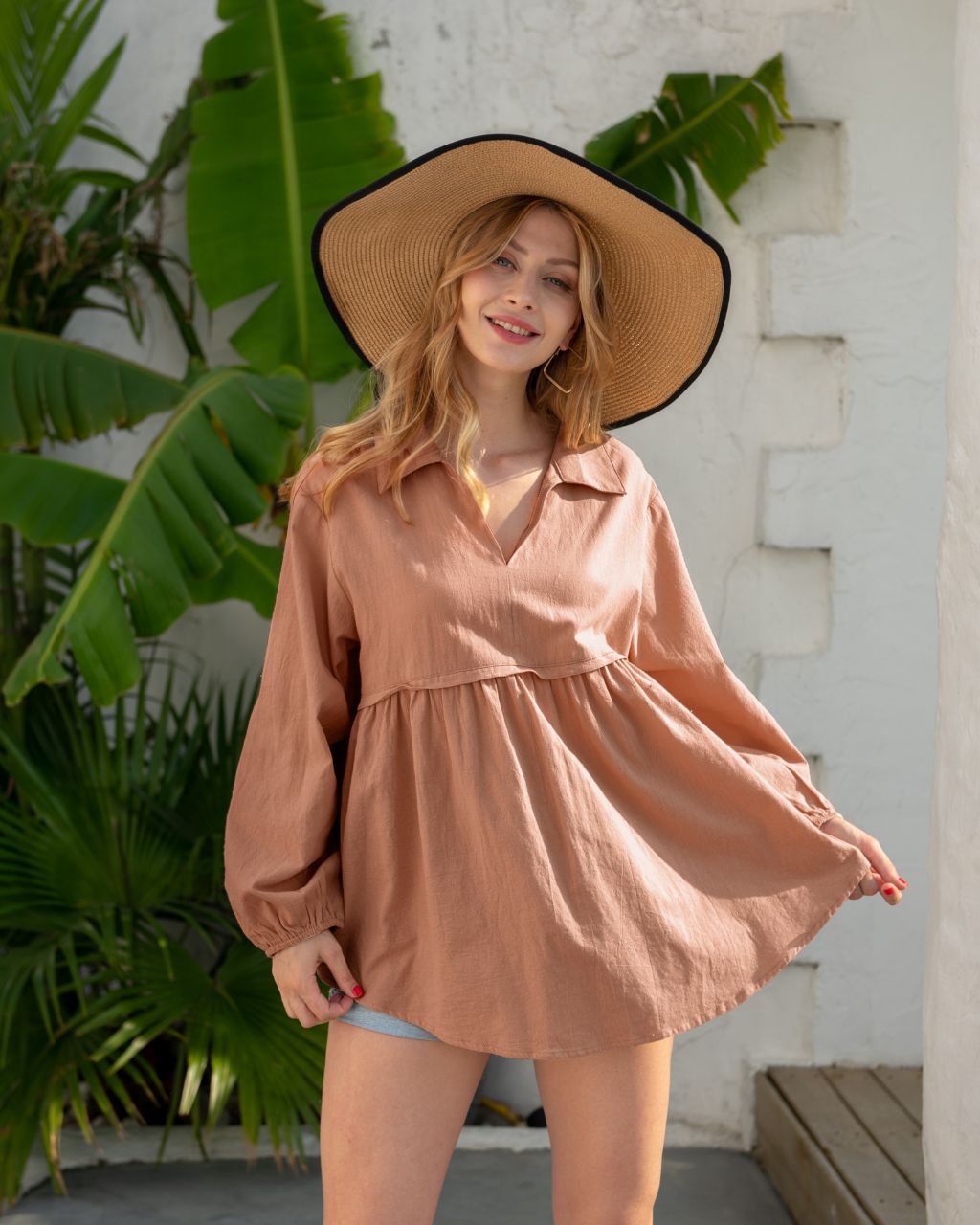 Cotton Collared V-neck Long Sleeve Top