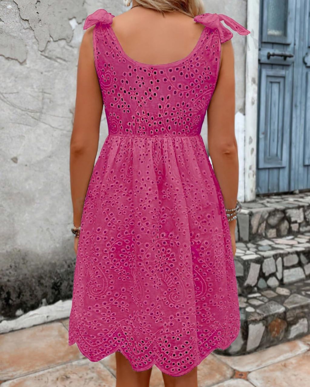 Tie V-Neck Eyelet Embroidery Mini Dress – Lined