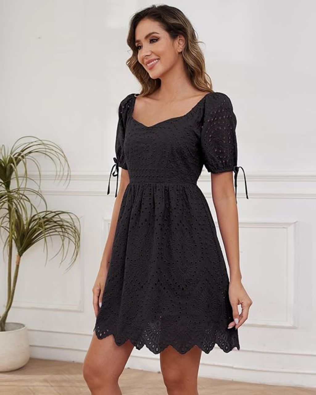 Cotton Eyelet Embroidery Square Neck Puff Slv Mini Dress – Fully Lined