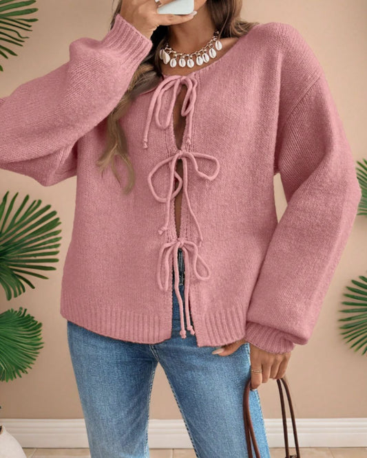 Tie Front Round Neck Loose Fit Cardigan