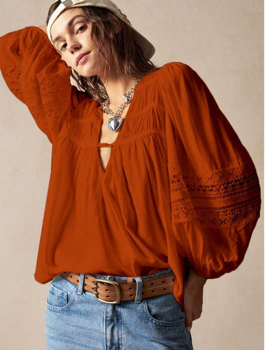 V-Neck Balloon Sleeve Lace Top – Boho with a Bold Edge
