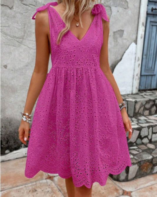 Tie V-Neck Eyelet Embroidery Mini Dress – Lined