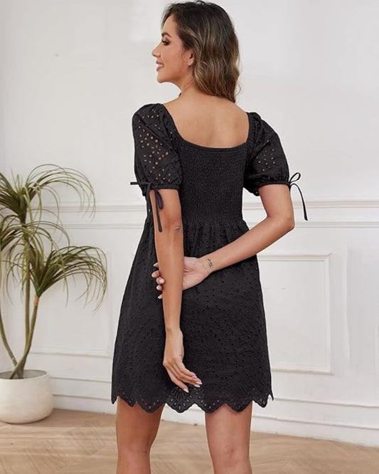 Cotton Eyelet Embroidery Square Neck Puff Slv Mini Dress – Fully Lined