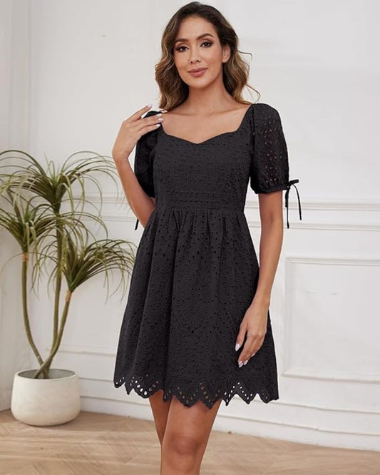Cotton Eyelet Embroidery Square Neck Puff Slv Mini Dress – Fully Lined
